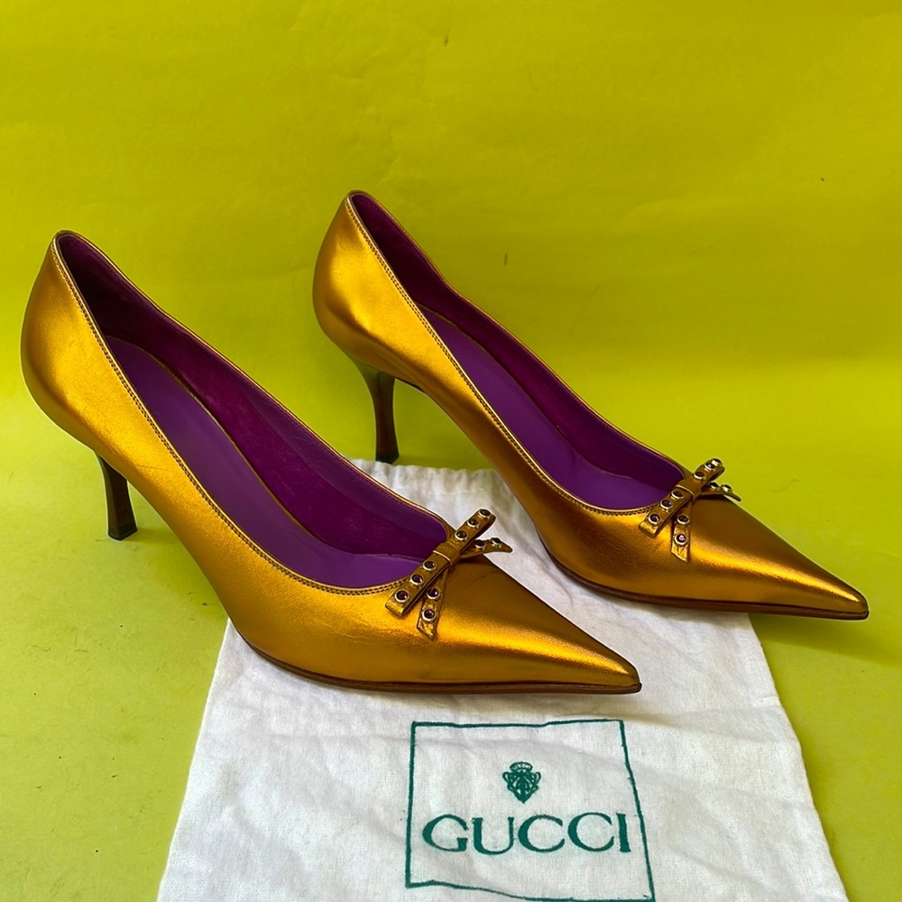 Gucci New metallic gold/purple all leather shoes with dust bag - Picture 12 of 17